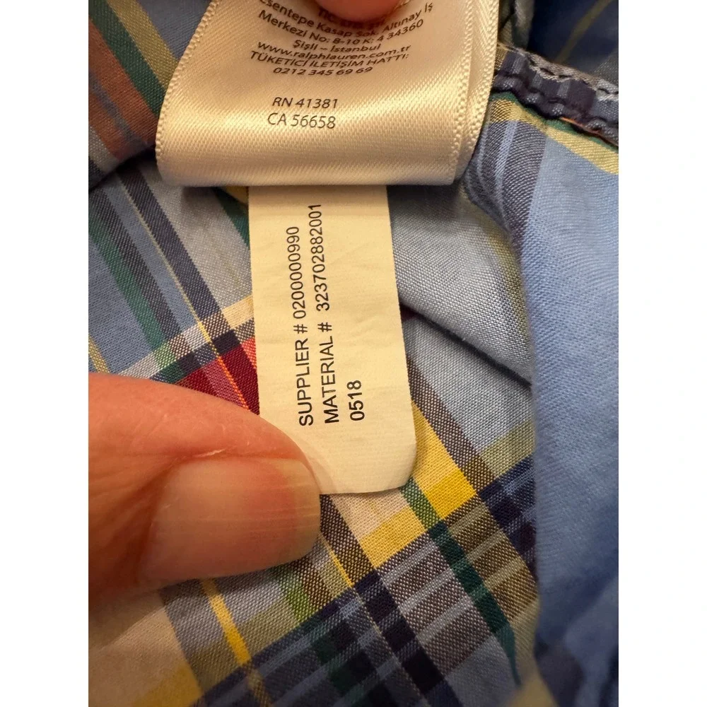 Ralph Lauren Button Down Shirt Kids L 14-16 Blue Plaid Natural Stretch Preppy
